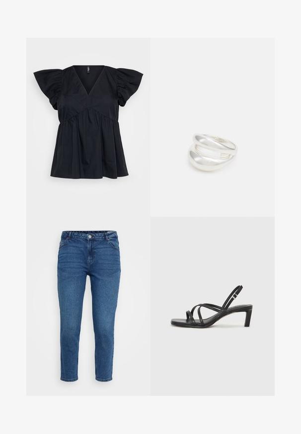 Black cotton top featuring a V-neck, short puff sleeves, and gathered detailing at the waist for a loose, flowing fit.; Blue denim jeans with a mid-rise waist, five-pocket design, and straight-leg cut. Features stitching and metal hardware accents.; Black strappy sandal with a square toe and a low block heel. Features multiple thin straps and an adjustable ankle strap. Made of smooth leather.; Silver double-band ring with a smooth, polished surface. Features a fluid, curved design with overlapping sections for a modern look.