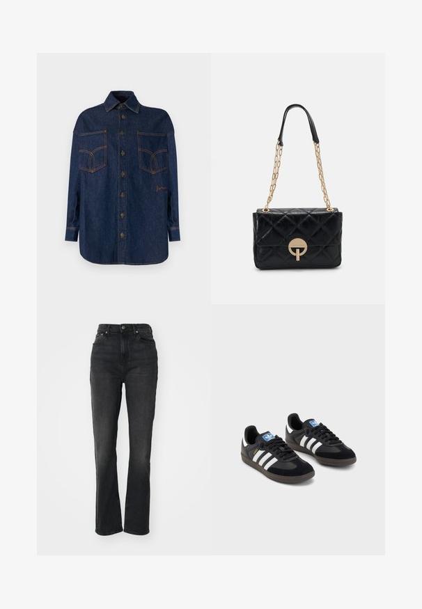 Traper košulja tamnoplave boje s prednjim dugmićem, ležernim ovratnikom i dvije velike džepove na prsima. Ima kontrastne narančaste šavove i vez.; Crne traperice visokog struka s ravnim nogavicama, dizajn s pet džepova, prednje kopčanje na dugme i minimalni detalji šivanja.; Crne tenisice s gornjim dijelom od antilopa i sintetičkog materijala, s tri bijele pruge, teksturiranom gumenom potplatom i plavom oznakom na jeziku.; Crna prešivena kožna torba s zlatnim lančićem, koja ima kružnu kopču. Kompaktni pravokutni oblik s glatkom teksturom.