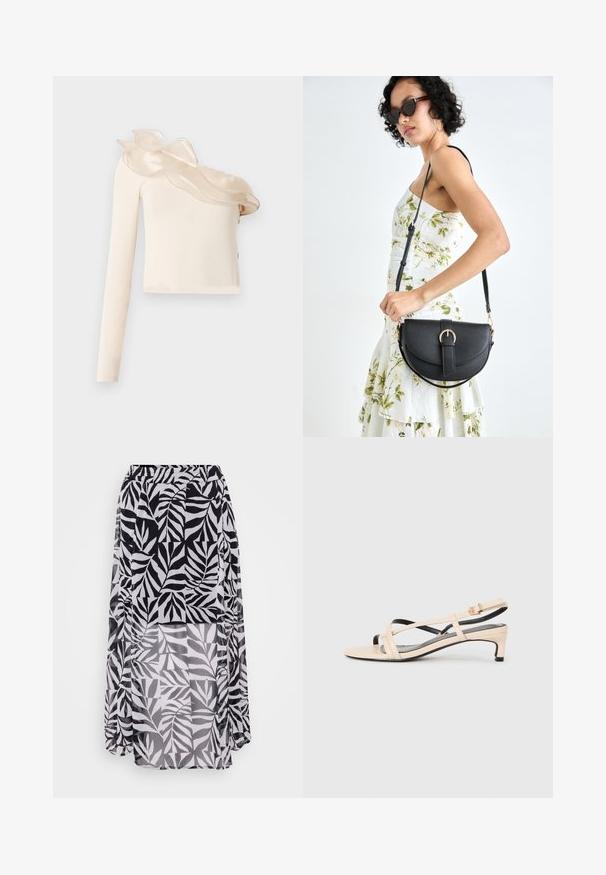 Asimetrisks krēmkrāsas topiņš ar vienu garu piedurkni, ar caurspīdīgu volānu rotātu izgriezuma detaļu un gludu, piegulošu audumu.; Melnā un baltā lapu raksta svārki, kas izgatavoti no viegla, tekstūras auduma ar elastīgu jostasvietu un grīdai līdzīgu garumu.; Bežīgas ādas siksniņu sandalēs ar sakrustotām siksnām, zemu papēdi un melniem akcentiem. Gluda tekstūra un minimālistisks dizains.; Melnas ādas rokassoma ar izliekta formu, noņemamu siksnu un zelta aksesuāriem. Somai ir vāciņš ar sprādzes detaļu.