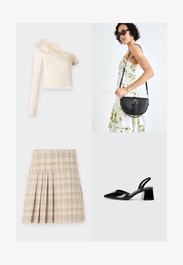 Asymmetrisk creamfärgad topp med en lång ärm, som har en transparent rynkad halslinjedetalj och slät, figurnära tyg.; Fållad rutkjol i beige med blå och bruna linjer, med en skräddarsydd midja och textil med struktur för en välordnad look.; Svarta lackläder slingback klackar med spetsig tå och geometrisk klack. Har en elegant, minimalistisk design och slät yta.; Svart läderhandväska med en böjd form, avtagbar rem och guldiga detaljer. Väskan har ett lock med en spänndetalj.