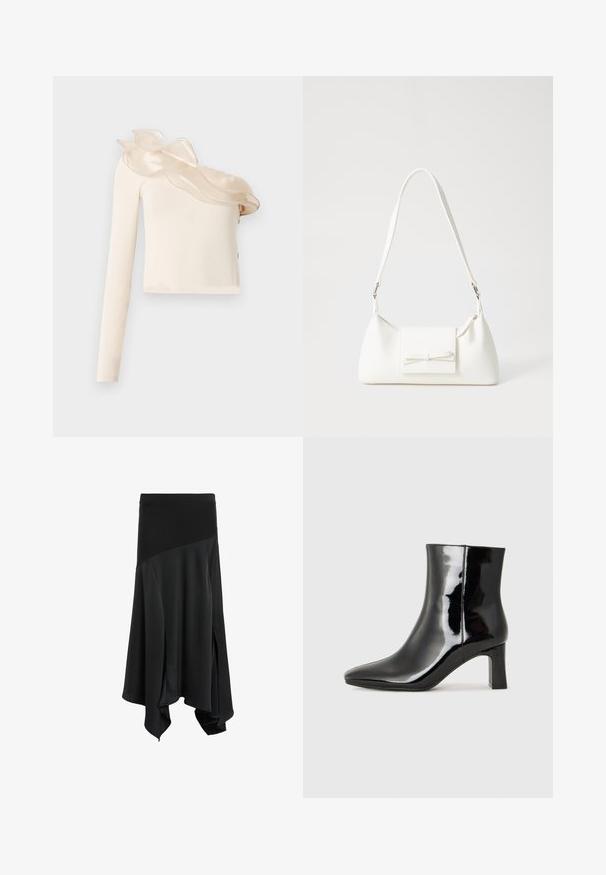 Asymmetrical cream top with one long sleeve, featuring a sheer ruffled neckline detail and smooth, fitted fabric.; Black asymmetrical skirt with a smooth texture, featuring a wide elastic waistband and side slits for added movement and flow.; Black patent leather ankle boot with a pointed toe and a mid-height block heel. Smooth texture and minimalist design.; White synthetic handbag with a triangular shape, flat front flap and bow detail, adjustable strap, smooth texture, and minimalistic design.