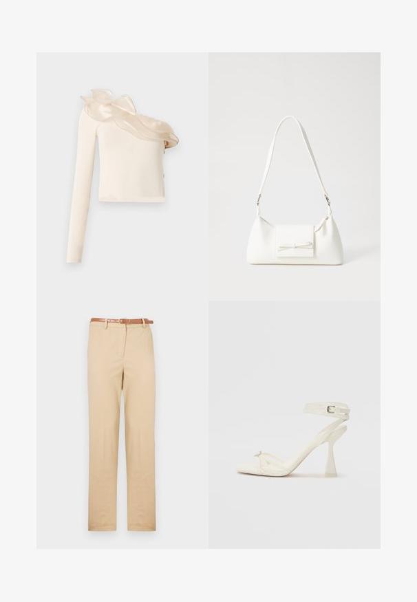 Top creme assimétrico com uma manga comprida, apresentando um detalhe transparente com folhos no decote e tecido liso e ajustado.; Chinos bege feitos de tecido leve, com um corte reto, bolsos laterais e um cinto de couro castanho com uma fivela retangular.; Sandal de salto alto com tiras em couro branco, com um design elegante, um salto bloco transparente e um elemento decorativo na ponta.; Mala sintética branca com formato triangular, aba frontal plana e detalhe de laço, alça ajustável, textura suave e design minimalista.