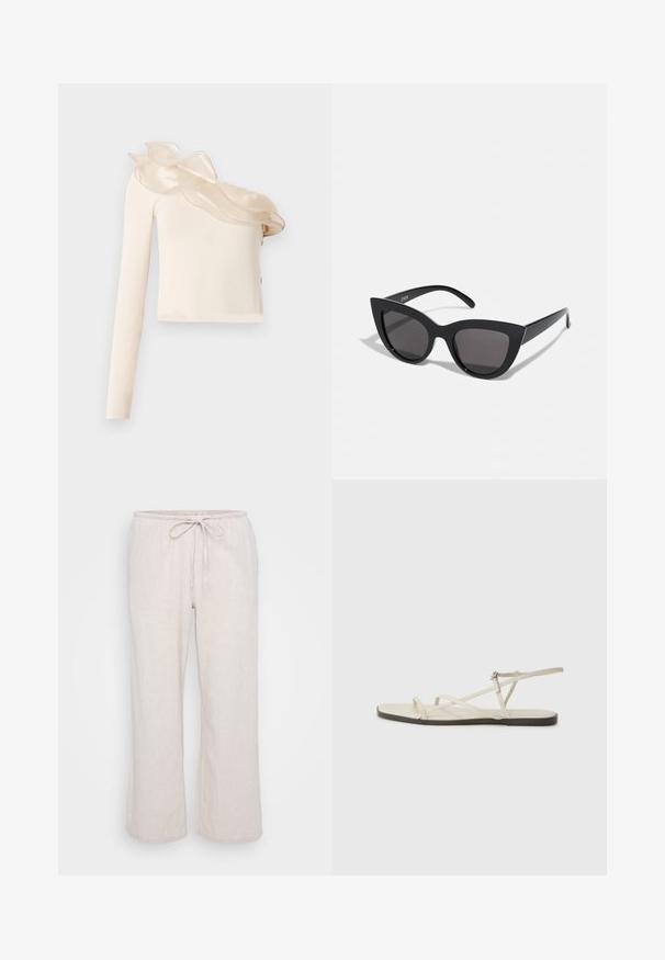 Asimetričen krem top z enim dolgim rokavom, ki vsebuje prosojni volanasti izrez in gladko, oprijeto tkanino.; Svetlo bež, lahki hlače iz tkanine z elastičnim pasom in vrvico. Ohlapen, širok kroj z subtilnim teksturiranim vzorcem.; Beige ravne sandale z več tankimi trakovi in nastavljivim zaponcem. Podplat je raven z rahlo temnim kontrastom na robu.; Črne mačke-oko sončna očala z mat zaključkom, ki imajo sive tonirane leče, ostre kote in eleganten stranski del. Ime blagovne znamke je vidno na notranjem ročaju.; Črna torbica z strukturirano obliko, gladko teksturo in kovinskim zaponko. Ujemajo se z širokimi črnimi hlačami in odprtimi sandali na lesenem tleh.