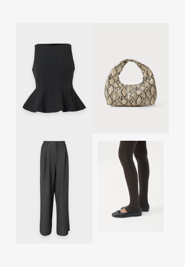Top peplum preto, sem mangas, com um design estruturado. Apresenta um tecido texturizado e uma bainha evasé, proporcionando uma aparência ajustada.; Calças largas em cinza escuro com um design ajustado. Apresentam uma textura suave, detalhe de pregas e uma cintura de altura média.; Sapatos planos pretos com um pequeno laço na ponta, emparelhados com meias-calças caneladas castanhas escuras. Os sapatos têm uma textura suave e um design discretamente baixo.; Bolsa com padrão de pele de cobra e uma alça curva. Feita de materiais texturizados em bege e castanho, apresentando um padrão de diamante distintivo.