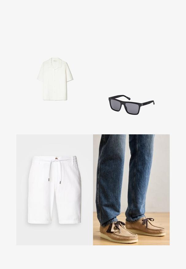 Camicia a maniche corte con bottoni, di colore avorio, realizzata in un tessuto morbido e textured, con colletto aperto e vestibilità comoda.; Shorts bianchi in lino con una vita elasticizzata e chiusura con cordoncino, dal fit rilassato. Texture liscia, senza motivi visibili.; Mocassini in suede color nocciola con accenti marrone scuro, punta arrotondata e suola bianca morbida. Presenta un design con lacci e dettagli cuciti.; Occhiali da sole rettangolari neri con lenti scure, finitura opaca e dettaglio del logo sulla tempia. Il design presenta bordi dritti e montature spesse.