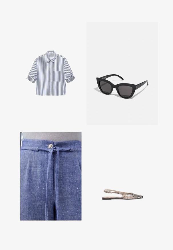 Skrojona koszula z guzikami o niebiesko-białym paskowanym wzorze, z krótkimi, podwiniętymi rękawami i jedną kieszonką na piersi. Miękka tekstura materiału.; Niebieskie materiałowe spodnie z teksturowanym wykończeniem, związywanym paskiem w talii, srebrnym guzikiem i rozsianymi jasnymi plamkami.; Płaskie buty slingback z motywem wężowej skóry w odcieniach beżu i czerni, z ostro zakończonym noskiem i cienkim paskiem na kostkę.; Czarne okulary przeciwsłoneczne w kształcie kociego oka z matowym wykończeniem, z szarymi soczewkami, ostrymi kątami i smukłymi bocznymi ramionami. Nazwa marki widoczna na wewnętrznej części ramienia.; Czarna skórzana torba na ramię z podwójnymi paskami, prostokątny kształt i minimalistyczny design na białym tle.