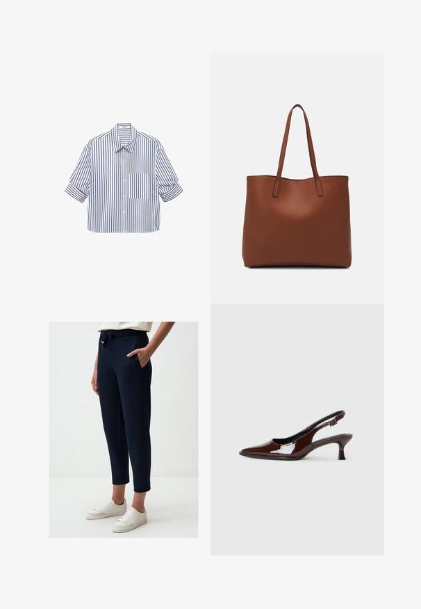 Gekürztes Hemd mit blauen und weißen gestreiften Muster, kurzen hochgerollten Ärmeln und einer einzelnen Brusttasche. Weicher Stoff.; Jimmy Key Jogginghose - dark blue; Braune Lackleder-Slingback-Schuhe mit spitzer Zehe und moderatem Absatz. Mit einem Schnallenriemen für einen sicheren Sitz. Glatte Textur.; Braune Leder-Tote mit glatter Textur, offenem Oberteil und zwei Schulterriemen. Verfügt über minimale Nähte und keine sichtbaren Beschläge.