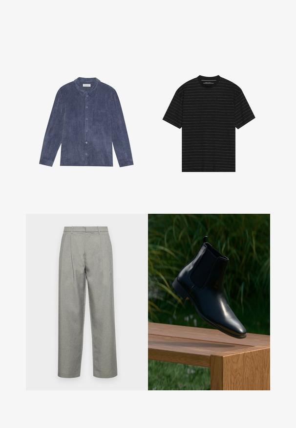 Button-up shirt in dark blue corduroy, featuring a collar, front pocket, and long sleeves with button cuffs; textured surface.; Black short-sleeve t-shirt featuring thin white horizontal stripes. Made from soft fabric with a crew neckline and relaxed fit.; Gray tailored trousers made of textured fabric, featuring a straight-leg design, front pleats, and a standard waistband with belt loops.; Black leather Chelsea boot hovering above a wooden bench with grass and plants in the background.