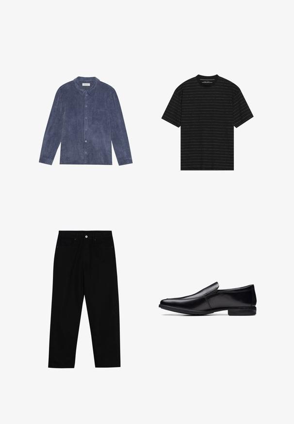 Hemd aus dunkelblauem Cord mit Kragen, Vorderem Tascheneinsatz und langen Ärmeln mit Knopfmanschetten; strukturierte Oberfläche.; Schwarzes Kurzarm-T-Shirt mit schmalen weißen horizontalen Streifen. Hergestellt aus weichem Stoff mit einem Rundhalsausschnitt und entspannter Passform.; Schwarze Jeans mit geradem Schnitt, Fünf-Taschen-Design und einem vorderen Knopfverschluss. Glatte Textur mit minimalen Nähten.; Schwarzer Leder Slipper mit spitzem Schuhdesign, glänzender Oberfläche, dezenten Steppnähten und einer flachen Gummisohle.