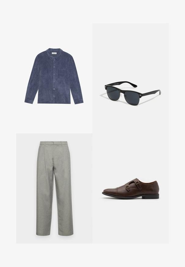 Knapp-up skjorte i mørkeblå kordfløjl, med krave, forlomme og lange ærmer med knapmanchetter; struktureret overflade.; Grå skræddersyede bukser lavet af struktureret stof, med lige ben-design, frontfolder og en standard talje med bæltesløjfer.; Brune læder dress sko med spids tå, udstyret med to justerbare spænder og et slankt, lavt profil design. Flad sort gummisål.; Sorte solbriller med rektangulær form, mørke linser, sølvdetaljer ved tindingerne og en mat finish på stellet.