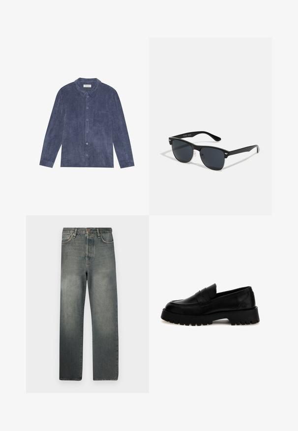 Sötétkék kordbársony ing, gallérral, elülső zsebbel és gombos mandzsetta hosszú ujjakkal; texturált felület.; Jack & Jones JJIALEX JJCOOPER - Túlméretezett farmernadrág - black denim; Fekete bőrférfi cipők vastag, bordázott talppal. Jellemzője a varrott mokaszin orr és az elülső pánt. A márkázás a saroknál látható.; Fekete napszemüveg, téglalap alakú, sötét lencsékkel, ezüst részletekkel a szárakon, és matt felülettel a kereten.