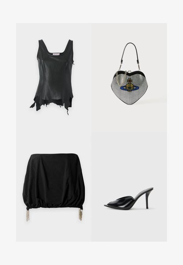 Must seda mustast nahast tank top, millel on sügava kaelusega krae, asümmeetriline äärejoon ja lihvitud servad. Sile tekstuur koos vormitud disainiga.; Musthave mustrikigaot, millel on kokku venitav disain, elastne äär ja metallist klambrid aktsentidena. Valmistatud kergetest kangast.; Mustad nahast kõrge kontsaga mulad avatud varbaga, terava disainiga, siledapinnalised ja kitsaste stilettokontsadega.; Südamekujuline võrkkott metallilise viimistlusega, millel on kass ja planeedi disain sinises, kollases ja punases. Kaasas on kett õlarihm.