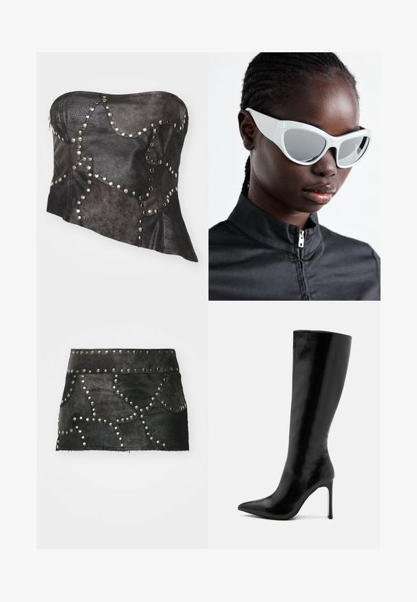 Mustast nahast rihmata korsett tekstureeritud paneelidega, hõbedased nupuaktsendid, asümmeetriline kuju ja külgmist nähtavat lukku.; Mustmust muströöpde ja kõverate õmblustega must nahkseelik. Omab kinnitatud taljet ja hemmi, mis jääb üle kesk-reie.; Mustad põlvekõrgune saabas, mis on valmistatud läikivast nahast, terava varba ja peene kõrge kontsaga. Sile tekstuur ja minimalistlik disain.; Valged prillid julge, ülisuurte vormidega ja peegeldavate läätsedega, millel on siledad plastikust raamid ja rõhutatud kõverused.