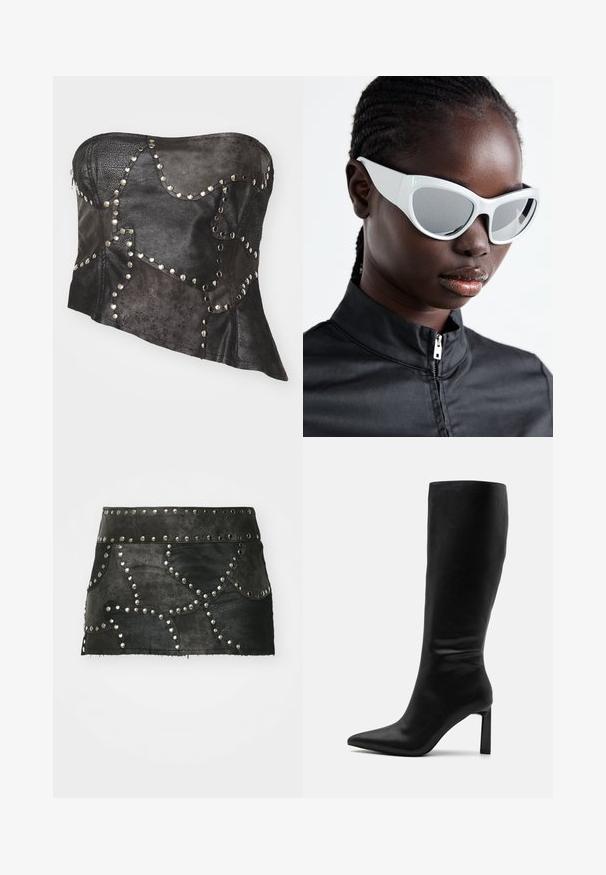 Black leather strapless corset with textured panels, silver stud accents, asymmetric shape, and visible zipper closure on the side.; Black leather skirt with decorative silver studs and curved stitching. Features a fitted waist and a hemline that sits above mid-thigh.; Even&Odd Boots - black; White sunglasses with a bold, oversized design and mirrored lenses, featuring smooth plastic frames and accentuated curves.