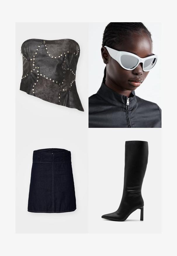 Melnās ādas korsetes bez plecu siksnām ar strukturētām paneļiem, sudraba kniedēm, asimetrisku formu un redzamu rāvējslēdzēju aizdari sānos.; Tumši indigo džinsu svārki ar savelkamu elastīgu jostu, taisnu piegriezumu un kontrastējošiem šuvumiem gar apakšmalu un šuvēm.; Even&Odd Zābaki - black; Baltas saulesbrilles ar drosmīgu, pārmērīgu dizainu un spoguļstikliem, kuru rāmis ir veidots no gludas plastmasas un izceļas ar izteiktiem līkumiem.