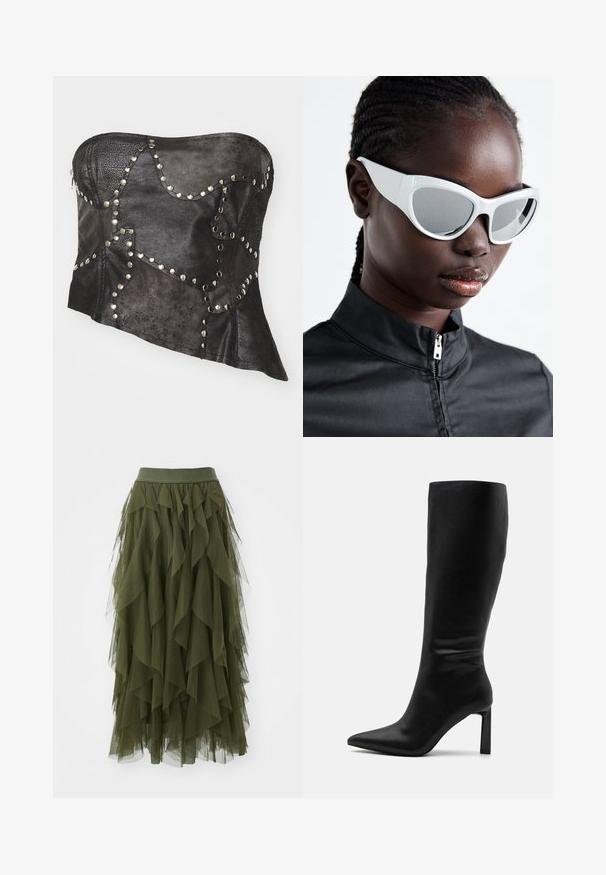 Črni usnjeni korzet brez naramnic z teksturiranimi paneli, srebrnimi zakovicami, asimetrično obliko in vidnim zadrgo na strani.; ONLY ONLSKY SKIRT - Krilo A-kroja - winter moss; Even&Odd Škornji - black; Bele sončna očala z drznim, prenapolnjenim dizajnom in ogledalnimi lečami, ki imajo gladke plastične okvirje in poudarjene krivulje.