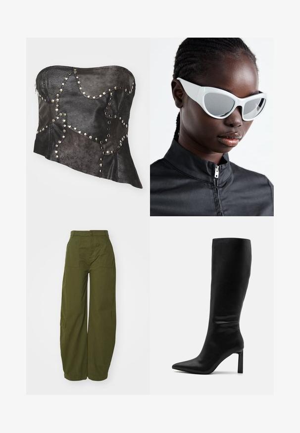 Črni usnjeni korzet brez naramnic z teksturiranimi paneli, srebrnimi zakovicami, asimetrično obliko in vidnim zadrgo na strani.; Olivno zelene cargo hlače iz bombaža, z širokima nogama, sprednjimi žepi in gumbom za zapiranje v pasu.; Even&Odd Škornji - black; Bele sončna očala z drznim, prenapolnjenim dizajnom in ogledalnimi lečami, ki imajo gladke plastične okvirje in poudarjene krivulje.; Srebrni obročasti uhani s poliranim finišom, ki se ponašajo s krožno zasnovo in brezšivnimi tečaji ter gladko teksturo.