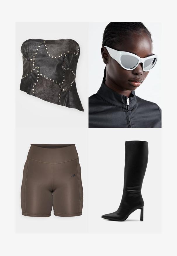 Sort læderstropeløs korsage med teksturerede paneler, sølvstift accenter, asymmetrisk form og synlig lynlås lukning på siden.; Brune atletik shorts med en glat tekstur, høj talje og kontrasterende mørke sømme. Har et lille sort logo på venstre side.; Even&Odd Høje støvler/ Støvler - black; Hvide solbriller med et dristigt, overdimensioneret design og spejlende linser, der har glatte plastisk rammer og fremhævede kurver.