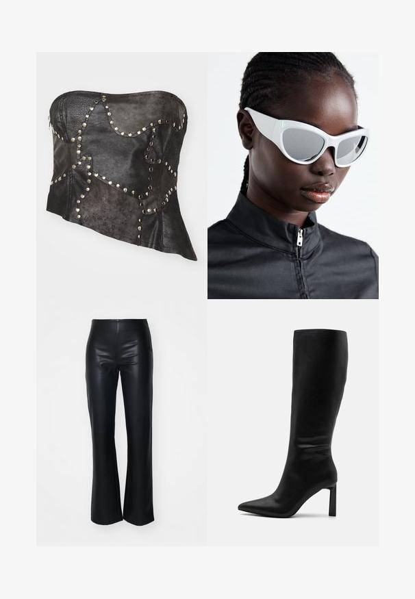 Mustast nahast rihmata korsett tekstureeritud paneelidega, hõbedased nupuaktsendid, asümmeetriline kuju ja külgmist nähtavat lukku.; Mustad faux nahast laiad püksid sileda tekstuuriga, varustatud sobiva taljega ja kergelt laienevate jalgadega, loodud stiilse silueti saavutamiseks.; Even&Odd Saapad - black; Valged prillid julge, ülisuurte vormidega ja peegeldavate läätsedega, millel on siledad plastikust raamid ja rõhutatud kõverused.; Hõbedased rõngassüstid läikiva viimistlusega, millel on ümmargune disain ja sujuvad hinged, mis näitavad sileda tekstuuri.