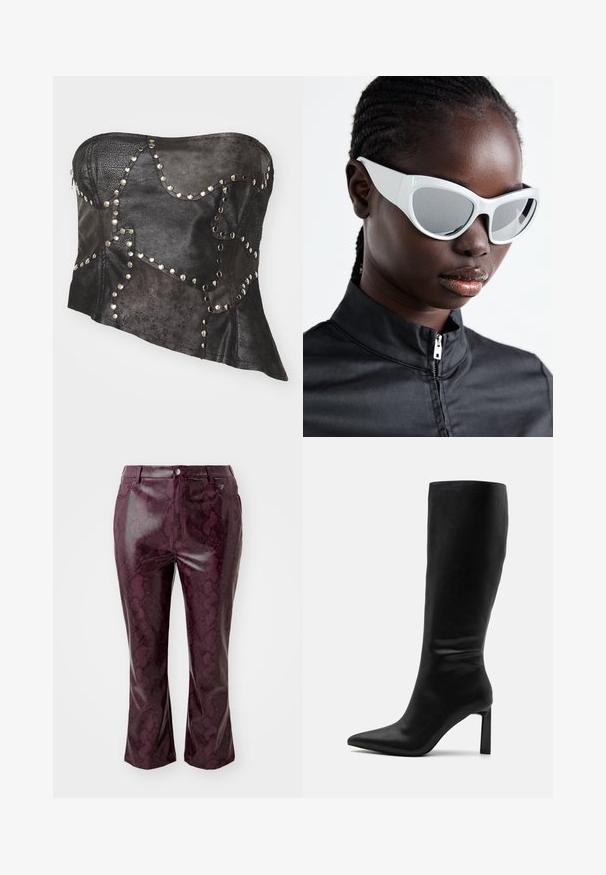 Μαύρος δερμάτινος κορσές χωρίς τιράντες με υφασμάτινα πάνελ, ασημένιες μεταλλικές λεπτομέρειες, ασύμμετρο σχήμα και ορατό φερμουάρ στο πλάι.; Βουργουνδίνα ψεύτικα δερμάτινα παντελόνια με σχέδιο φίδι, εφαρμοστή γραμμή και ίσιες λεγόμενες. Διαθέτουν ίσο μέσων και κλείσιμο με κουμπί μπροστά.; Even&Odd Μπότες - black; Λευκά γυαλιά ηλίου με τολμηρό, υπερμεγέθη σχέδιο και καθρέφτες φακούς, διαθέτοντας λείες πλαστικές υφές και τονισμένες καμπύλες.