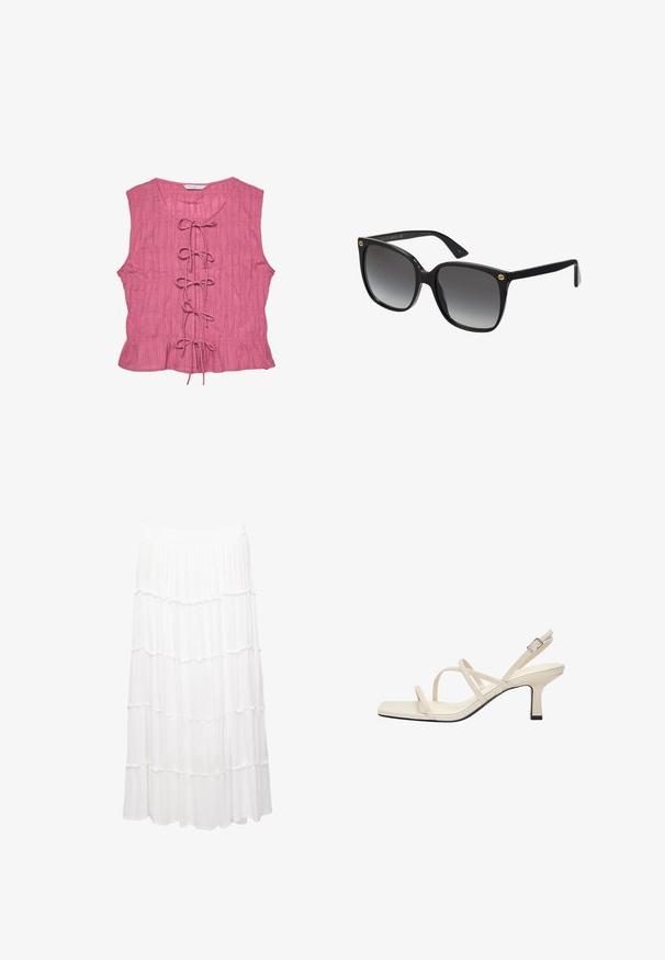Roze mouwloze blouse met een textuurafwerking, voorzien van een lacedetail aan de voorkant en een uitlopende zoom. Lichtgewicht ontwerp met een ontspannen pasvorm.; Witte gestapelde rok van lichtgewicht stof, met een rekbare tailleband, ruches en een vloeiende ontwerp dat tot halverwege de kuit reikt.; Beige sandalen met bandjes en een vierkante teen, met dunne bandjes en een lage blokhak. Gladde stof met een contrasterende zwarte afwerking.; Zwarte oversized zonnebril met gradient lenzen, dikke plastic montuur en gouden logoaccenten op de slapen. Hoekig ontwerp en glanzende afwerking.