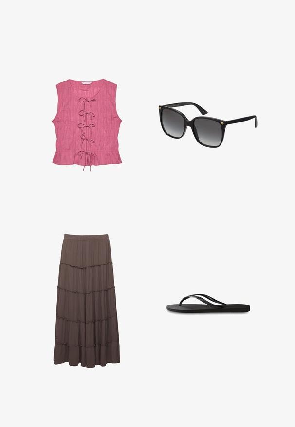 Rosa ärmlös blus med en texturerad yta, med en snörning framtill och en utfläkt nederdel. Lättviktig, avslappnad passform.; Brun, lager-på-lager maxi kjol i lätt tyg. Har tre horisontella volanger och en elastisk midja för komfort.; Svart flip-flop med en texturerad gummisula, två slanka remmar och en subtil, präglad logodetalj på remmen.; Svarta överdimensionerade solglasögon med gradientlinser, tjocka plastbågar och guldiga logotypaccenter på bågarna. Vinkelformad design och polerad finish.