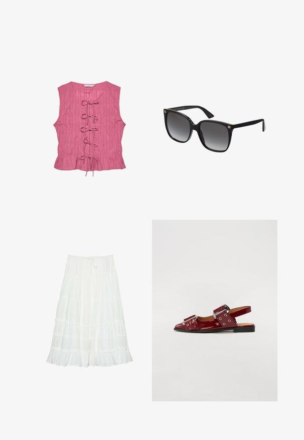 Blouse sans manches rose avec une finition texturée, dotée d'un détail de laçage à l'avant et d'un ourlet évasé. Design léger et à coupe décontractée.; Jupe blanche à volants fabriquée en tissu léger, avec des accents de volants à chaque niveau et une taille élastique avec un cordon de serrage.; Chaussures slingback en cuir verni bordeaux avec un bout pointu, dotées de deux sangles réglables à boucle et d'accents en métal argenté.; Lunettes de soleil noires surdimensionnées avec des verres dégradés, des montures en plastique épaisses et des accents en or sur les tempes. Forme angulaire et finition polie.