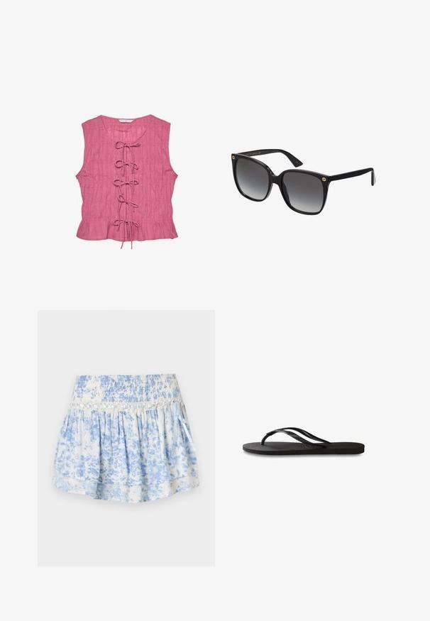 Ružová bezrukávová blúzka s textúrovaným povrchom, s predným šnurovaním a rozšíreným lemom. Ľahký, voľný strih.; Modrá sukňa s kvetinovým vzorom vyrobená z ľahkého materiálu. Obsahuje smockovaný pás, vrstvený dizajn a dekoratívnu stuhu.; Čierne žabky s textúrovanou gumovou podrážkou, dvoma štíhlymi popruhmi a diskrétnym embosovaným logom na popruhu.; Čierne oversized slnečné okuliare s gradientovými sklami, hrubými plastovými rámami a zlatými logovými akcentmi na bočniciach. Úhľadne tvarované a leštené.