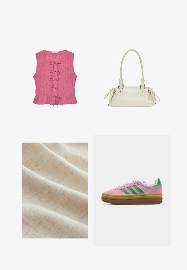 Roze mouwloze blouse met een textuurafwerking, voorzien van een lacedetail aan de voorkant en een uitlopende zoom. Lichtgewicht ontwerp met een ontspannen pasvorm.; Lichtbeige stof met een subtiele textuur en vage lijnen, wat een zachte, geweven uitstraling creëert. Het valt soepel in zachte plooien.; Roze suede sneakers met groene strepen, witte accenten en een bruine rubberen zool. Heeft een gestructureerde stof en logodetails aan de zijkant.; Beige leren handtas met een gladde textuur, dubbele ronde handvaten en verstelbare strikaccenten aan beide zijden. Voorzien van hardware in zilverkleur.