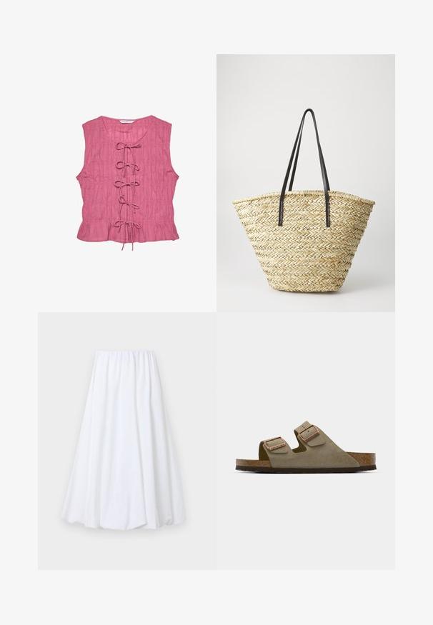 Roza bezrukavna bluzica s teksturiranim završetkom, s detaljem vezanja sprijeda i raširenim rubom. Lagani dizajn s opuštenim krojem.; Bjela suknja do gležnjeva s elastičnim pojasom, izrađena od lagane tkanine s glatkom teksturom i lepršavim siluetom.; Svijetlosmeđi semiš sandali s dvije podesive trake i rose gold detaljima. Korkana unutrašnjost na teksturiranom smeđem potplatu. Dizajn s otvorenim prstima.; Torba od pletene slame sa širokim, suženim oblikom, sa dva crna kožna remena. Prirodna bež boja sa teksturiranom površinom.