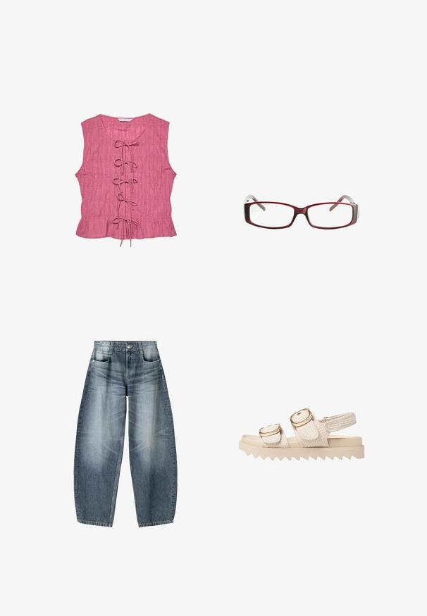 Roza brezrokavna bluza z teksturiranim zaključkom, ki ima spredaj poinikanje in razširjen rob. Lahka zasnova s sproščenim krojem.; Široke kavbojke iz svetlo modrega denima s postopnim zbledeljem, z zasnovo petih žepov, gumbom za zapiranje in minimalnimi podrobnostmi šivanja.; Svjetlosmeđi sandali s teksturiranim trakama i zlatnim elementima. Chunky potplat s cik-cak uzorkom za dodatno prianjanje i stabilnost.; Rdeče pravokotne očalno okvirje s eleganten dizajn. Jasne leče, rahlo prosojne temple in gradientni učinek od rdeče do sive.