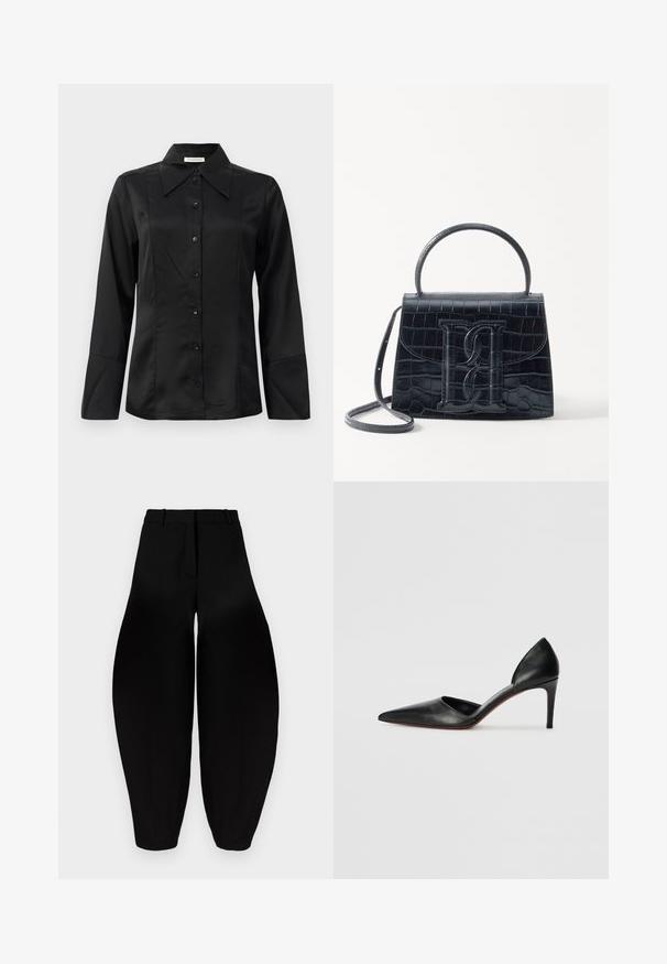 Čierna saténová blúzka s špicatým golierom, dlhými rukávmi, predným zapínaním na gombíky a priliehavým strihom. Hladká textúra s detaily švíkov.; Čierne široké nohavice s vysokým pásom, skladaným predným dielom a užšími členkami. Vyrobené z hladkej látky s matným povrchom.; Čierne kožené lodičky na vysokom opätku s špicatou špičkou, otvorenými stranami a elegantným siluetou. Majú tenký opätok a červený akcent na podrážke.; Čierna kabelka z krokodílovej embosovanej kože so štruktúrovaným dizajnom, horným uchom, nastaviteľným popruhom a výrazným predným logom.