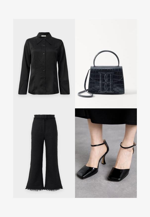 Μαύρη σατέν μπλούζα με pointed γιακά, μακριά μανίκια, κλείσιμο μπροστά με κουμπιά και εφαρμοστή σχεδίαση. Λείος υφαντός ιστός με λεπτομέρειες ραφής.; Μαύρο παντελόνι σε φαρδιά γραμμή με υφασμάτινη υφή, φθαρμένο τελείωμα και ελαστική μέση. Ο σχεδιασμός διαθέτει λείο φινίρισμα και χαλαρή εφαρμογή.; Souliers Martinez LAURA - Ψηλοτάκουνα παπούτσια - lajara cybil black; Μαύρη τσάντα χεριού από δέρμα με ανάγλυφο σχέδιο κροκοδείλου, με δομημένο σχεδιασμό, επάνω χερούλι, ρυθμιζόμενο λουράκι και έντονη λεπτομέρεια λογότυπου μπροστά.