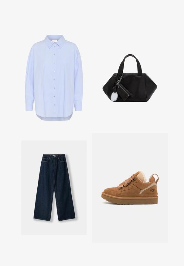 Camicia azzurra chiara con colletto a punta, maniche lunghe e orlo curvo. Texture liscia con dettagli dei bottoni visibili.; Jeans larghi blu scuro in denim. Presentano cinque tasche, una chiusura con bottone e cerniera, e dettagli di cuciture a contrasto.; Sneaker in suede marrone con accenti in rete, lacci testurizzati e suola in gomma; presenta un collare imbottito e una linguetta posteriore.; Borsa a mano in pelle nera con un design geometrico, due manici corti e un pouch con zip removibile e un ciondolo a specchio rotondo.