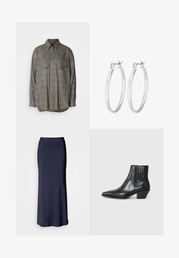 Siva srajca s gumbi, izdelana iz teksturirane tkanine, z mrežnim vzorcem v svetlejših odtenkih, ovratnikom in dvema žepoma na prsih.; Mornarsko modra satenasta maxi krila z gladko teksturo, ravno silhueto in diskretno stransko razporko. Ima pas in minimalne detajle.; Črne usnjene gležnjarje s koničastim nosom, elastičnimi stranskimi paneli z navpičnimi utori in nizko blokasto peto. Gladka tekstura in eleganten dizajn.; Srebrni obroči za ušesa z gladko, polirano površino. Okrogla oblika in varna zaponka s klikom. Lahka zasnova, primerna za vsakodnevno nošenje.