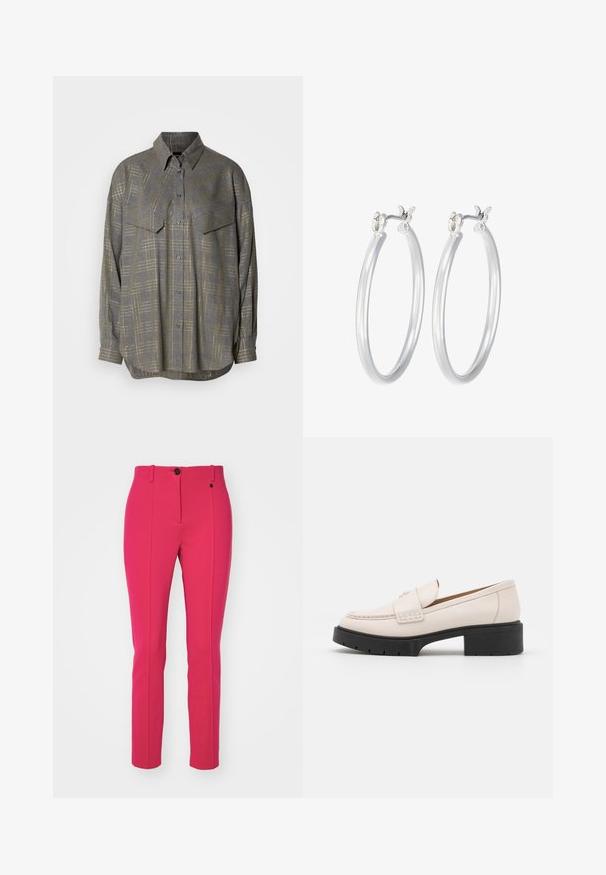 Chemise grise à boutons en tissu texturé, présentant un motif à carreaux dans des teintes plus claires, avec un col et deux poches sur la poitrine.; Pantalons roses ajustés en matériau lisse, avec un pli central, une fermeture à bouton et des passants de ceinture.; Mocassins en cuir beige clair avec un devant cousu et un talon platform texturé noir. Présente un design incurvé et une légère élévation.; Boucles d'oreilles en argent avec une finition lisse et polie. Forme ronde et fermeture à clip sécurisée. Design léger adapté pour un port quotidien.