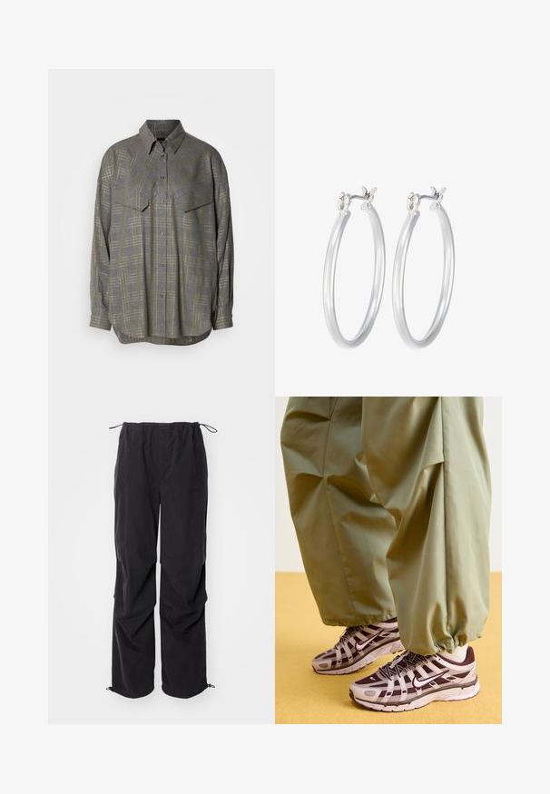 Grijze button-up shirt gemaakt van textuurstof, met een ruitpatroon in lichtere tinten, een kraag en twee borstzakken.; HUGO HAFISA - Broek - black; Atletische sneakers met een grijs en donkerpaars ontwerp, voorzien van een bovenwerk van mesh, ondersteunende banden en een rubberen zool, gecombineerd met losse groene broek.; Zilveren oorbellen in de vorm van een gladde, gepolijste ring. Ronde vorm met een veilige kliksluiting. Lichtgewicht ontwerp, geschikt voor dagelijks gebruik.