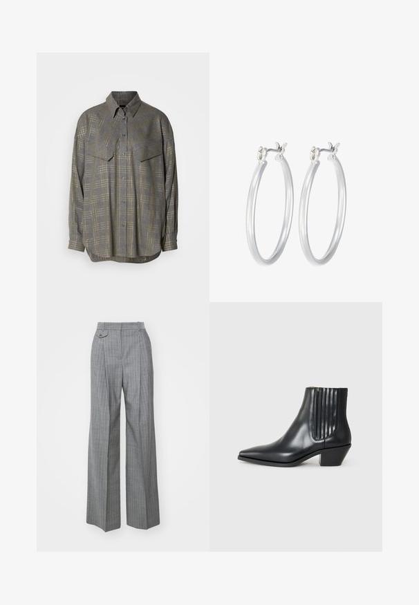 Harmaa napitettava paita, joka on valmistettu teksturoidusta kankaasta. Paidassa on vaaleampia sävyjä sisältävä ruutukuvio, kaulus ja kaksi rintataskua.; Harmaat raidoitetut vyötäröhousut, joissa on korkea vyötärö ja leveät lahkeet, sivu-nappidetalji ja sileä, teksturoitu pinta.; Musta nahkainen nilkk boot, jossa on terävä kärki, elastiset sivupaneelit pystyröytiä ja matala lohkarepohja. Sileä pinta ja tyylikäs muotoilu.; Hope-silver rengas, joissa on sileä ja kiillotettu pinta. Pyöreä muoto ja turvallinen napsautettava lukitus. Kevyt muotoilu sopii päivittäiseen käyttöön.