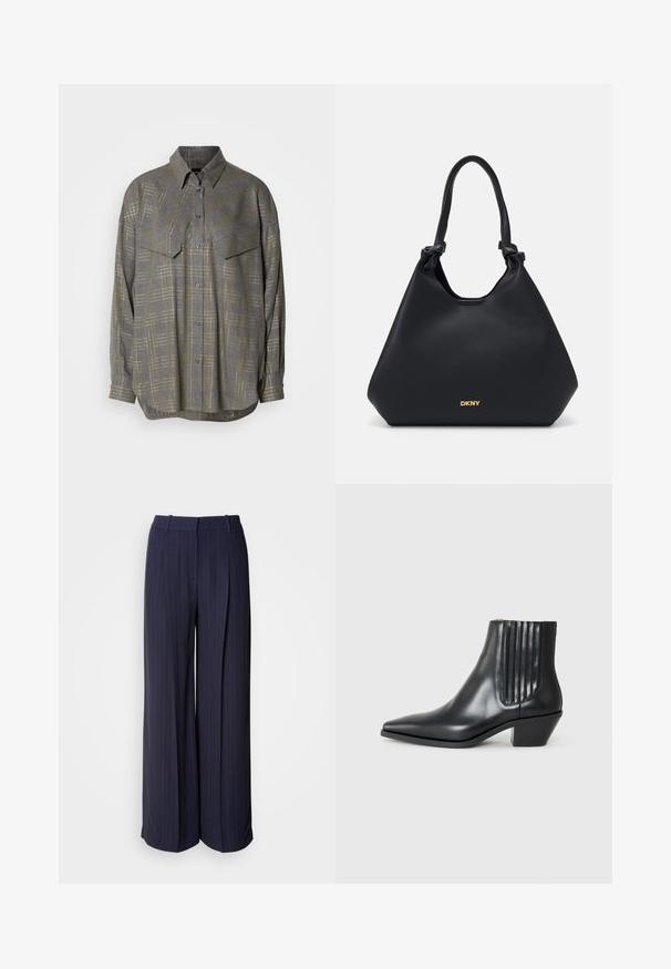 Gray button-up shirt made of textured fabric, featuring a grid pattern in lighter shades, a collar, and two chest pockets.; Navy wide-leg trousers in a pinstripe design. Features a high waist, pressed pleats, and a smooth texture. Suitable for formal settings.; Black leather ankle boot with pointed toe, elastic side panels with vertical grooves, and a low block heel. Smooth texture and sleek design.; Black leather tote bag with a textured finish, knotted handle accents, and gold logo detail at the base. Features a slouchy silhouette.