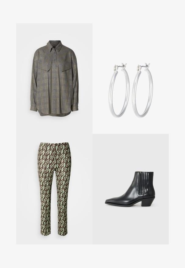 Siva srajca s gumbi, izdelana iz teksturirane tkanine, z mrežnim vzorcem v svetlejših odtenkih, ovratnikom in dvema žepoma na prsih.; Rjave in zelene hlače s patternom listov, oprijete kroja, z gladko teksturo in brez vidnih zaponk ali žepov.; Črne usnjene gležnjarje s koničastim nosom, elastičnimi stranskimi paneli z navpičnimi utori in nizko blokasto peto. Gladka tekstura in eleganten dizajn.; Srebrni obroči za ušesa z gladko, polirano površino. Okrogla oblika in varna zaponka s klikom. Lahka zasnova, primerna za vsakodnevno nošenje.