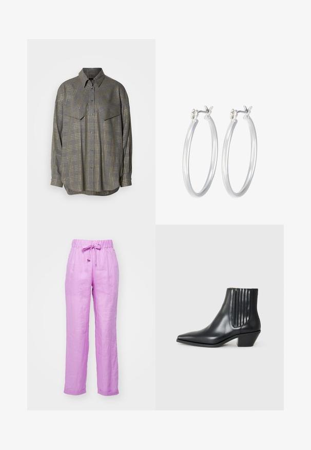Siva srajca s gumbi, izdelana iz teksturirane tkanine, z mrežnim vzorcem v svetlejših odtenkih, ovratnikom in dvema žepoma na prsih.; Svetlo purpurne lanene hlače z elastiko v pasu, nastavljivo vrvico in manšetami. Gladka tekstura, ohlapen kroj, sproščen dizajn.; Črne usnjene gležnjarje s koničastim nosom, elastičnimi stranskimi paneli z navpičnimi utori in nizko blokasto peto. Gladka tekstura in eleganten dizajn.; Srebrni obroči za ušesa z gladko, polirano površino. Okrogla oblika in varna zaponka s klikom. Lahka zasnova, primerna za vsakodnevno nošenje.