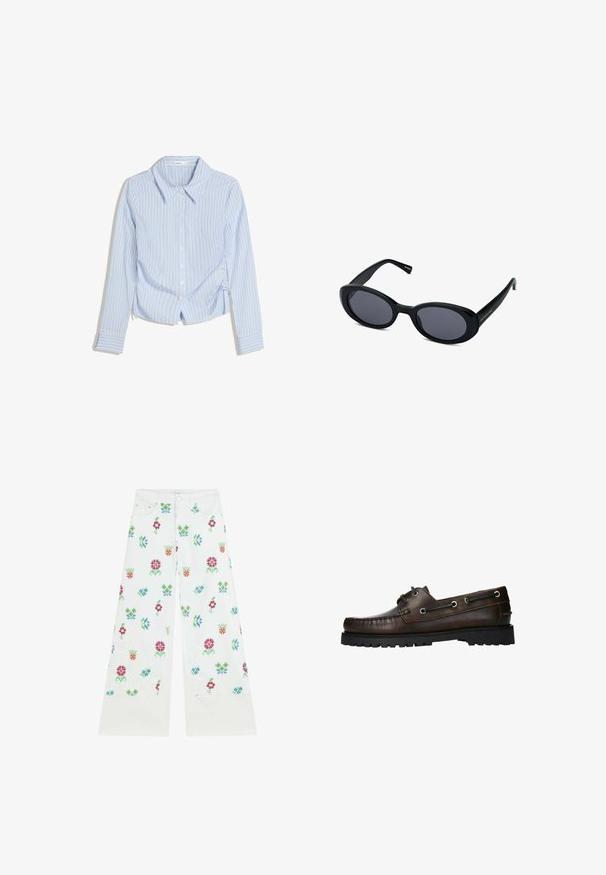 Lichtblauw overhemd met verticale witte strepen, lange mouwen en een kraag. Heeft een zijstrikdetail en opgerolde mouwen.; Witte wijde jeans met een bloemenpatroon in roze, groen en blauw. Heeft een standaard vijf-pocket ontwerp en knoopsluiting.; Bruine leren bootschoen met moccasinstiksel, metalen oogjes en een gestructureerde zwarte rubberen zool.; Zwarte ovale zonnebril met donkere lenzen, dikke kunststof montuur, licht gebogen ontwerp en gouden logo-detail op de poot.; Marine canvas schoudertas met een zachte, gestructureerde vorm, voorzien van een zwarte strap, gestikte details en een klein merketiket.