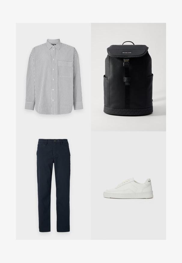 Camicia a righe in bianco e nero, con maniche lunghe, colletto classico e una tasca sul petto con righe orizzontali.; Chino in cotone blu navy con design a gamba dritta, dotato di chiusura a bottone, passanti per cintura e tasche laterali. Texture minimale, senza motivi.; Sneaker in pelle bianca con una finitura liscia, punta rotonda, lacci piatti e suola testurizzata. Presenta un logo discreto sul tallone.; Zaino in pelle nera con un design strutturato, chiusura a ribalta, chiusura a singolo gancio, tasche laterali e un accento in tessuto decorato alla base.