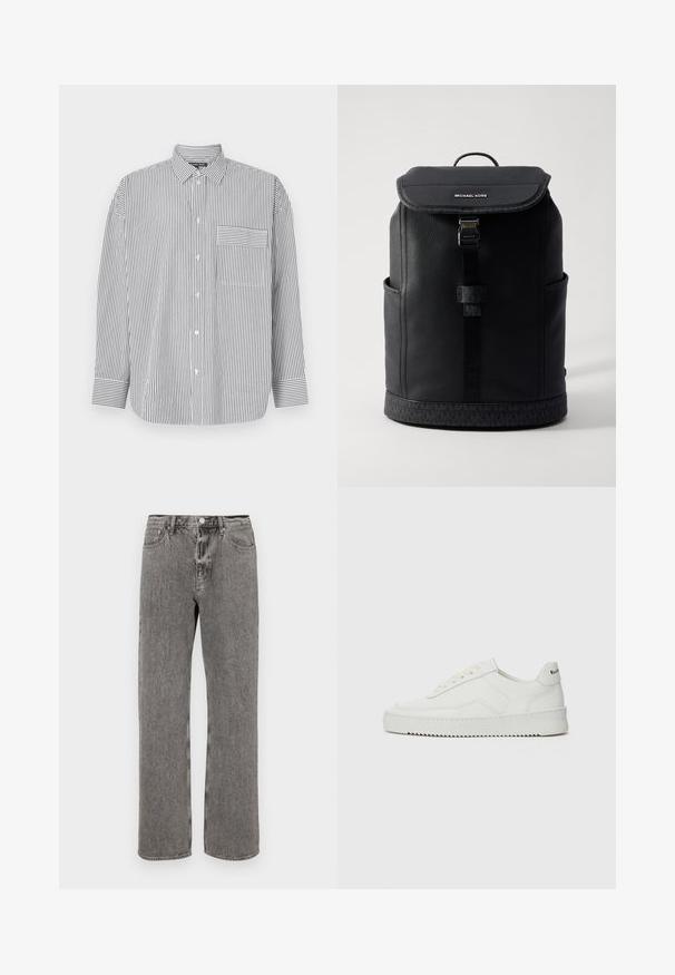 Camicia a righe in bianco e nero, con maniche lunghe, colletto classico e una tasca sul petto con righe orizzontali.; Jeans in denim grigio con un taglio dritto, design a cinque tasche e chiusura con bottone in vita. Textura leggermente scolorita su tutta la superficie.; Sneaker in pelle bianca con una finitura liscia, punta rotonda, lacci piatti e suola testurizzata. Presenta un logo discreto sul tallone.; Zaino in pelle nera con un design strutturato, chiusura a ribalta, chiusura a singolo gancio, tasche laterali e un accento in tessuto decorato alla base.