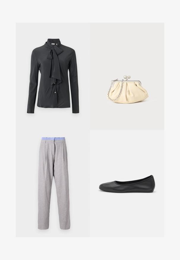 Tamsiai pilka bliuska su rišamu kaklo apykakle, ilgomis rankovėmis ir mygtukų uždarymu. Pagaminta iš lygaus audinio su švelniu blizgesiu.; Šviesiai pilki lininiai kelnių su klostėmis, mėlynas raštuotas diržas, siaurėjanti kojų forma ir mygtukų užsegimas. Lygus paviršius, lengvas audinys.; Juodai odiniai baletai su apvaliu pirštu, lygi texture, minimalus siuvimo detales ir lanksčiu padų dizainu.; Plyšiniai smėlio spalvos odiniai rankinukai su sidabriniu metaliniu rėmu, turintys du apvalius dekoratyvinius užtrauktukus ir sidabrinę grandinėlę.