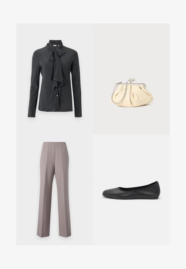 Tamsiai pilka bliuska su rišamu kaklo apykakle, ilgomis rankovėmis ir mygtukų uždarymu. Pagaminta iš lygaus audinio su švelniu blizgesiu.; Pilkos pritaikytos kelnės su aukštu liemeniu, plačiomis kojomis ir aštriais priekinių raukšlių akcentais. Pagamintos iš lygaus audinio, su švariais kraštais ir be matomos aparatūros.; Juodai odiniai baletai su apvaliu pirštu, lygi texture, minimalus siuvimo detales ir lanksčiu padų dizainu.; Plyšiniai smėlio spalvos odiniai rankinukai su sidabriniu metaliniu rėmu, turintys du apvalius dekoratyvinius užtrauktukus ir sidabrinę grandinėlę.