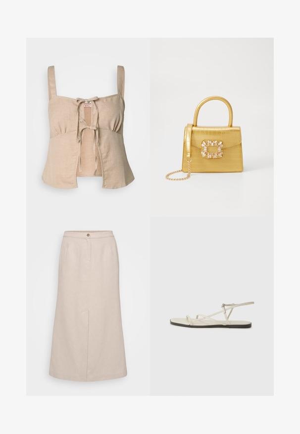 Top cropped de linho bege com alças finas e fechamento em laço na frente. Apresenta detalhes franzidos e uma bainha evasê. Textura suave.; Saia midi bege feita de um tecido texturizado, com fecho de botão, pregas frontais e um único bolso lateral para um detalhe funcional.; Sandália plana bege com várias tiras finas e uma fivela ajustável. A sola é plana com um leve contraste escuro na borda.; Bolsa amarela em pele de crocodilo falsa, com um design estruturado, pega no topo, alça de corrente removível e decoração de cristal no fecho.
