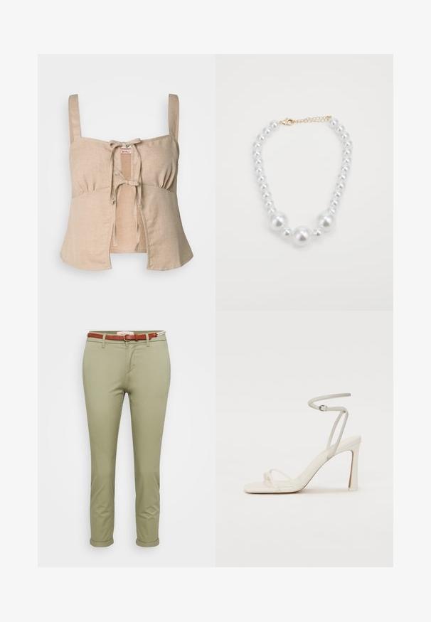 Top cropped de linho bege com alças finas e fechamento em laço na frente. Apresenta detalhes franzidos e uma bainha evasê. Textura suave.; Chinos de algodão verde-claro com uma bainha dobrada, apresentando um cinto castanho com uma fivela circular e uma etiqueta na cintura na parte de trás.; Sandal de salto alto branco com uma tira fina no tornozelo e duas tiras frontais. Textura de couro suave com bico quadrado e salto brilhante.; Colar de pérolas brancas com pérolas redondas brilhantes de tamanhos variados, fecho de lagosta dourado e corrente ajustável.