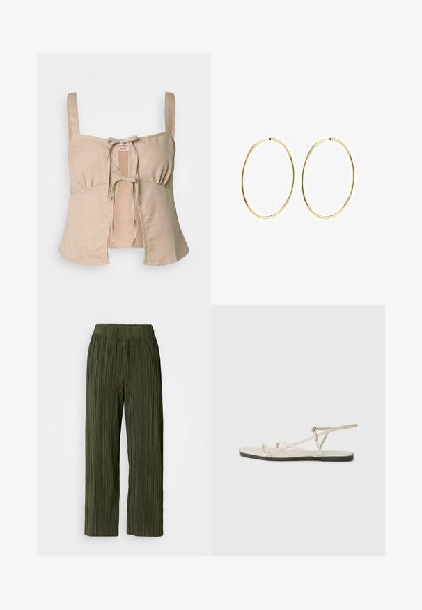 Beige linne croppad topp med tunna band och framknutning. Har rynkade detaljer och en utsvängd nederkant. Slät textur.; Olivgröna plisserade byxor med breda ben, med resårmidja och vertikal textur över hela tyget.; Beige platt sandal med flera smala remmar och ett justerbart spänne. Sulan är platt med en lätt mörk kontrast vid kanten.; Guldörhängen med en slät, rund design. Tunna och lätta, med en kontinuerlig båge utan några utsmyckningar.