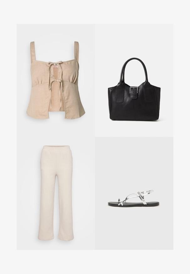 Top cropped de linho bege com alças finas e fechamento em laço na frente. Apresenta detalhes franzidos e uma bainha evasê. Textura suave.; Calças de moletão bege com um design de perna larga, feitas de material suave. Apresentam uma cintura elástica e detalhes nas costuras laterais. Textura suave.; Sandálias metálicas prateadas com um design minimalista, apresentando tiras finas e uma sola plana preta. Os destaques incluem acentos de tiras cruzadas.;  Bolsa tote de couro preta com textura suave, forma estruturada, duas alças e um destaque prateado proeminente na parte da frente.